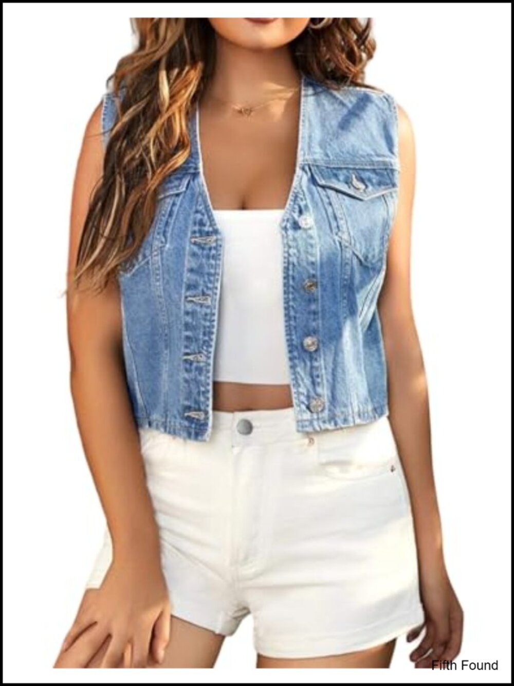 Cropped Denim Vest V-Neck Button Front Sleeveless Jean Jacket Waistcoat